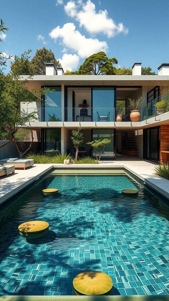 Eco-friendly house with a biophilic pool featuring lily pads and green surroundings
