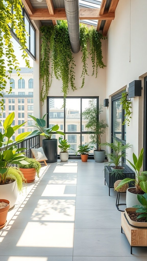 Bright and airy balcony with various plants in pots, showcasing eco-friendly landscaping in a modern loft apartment.