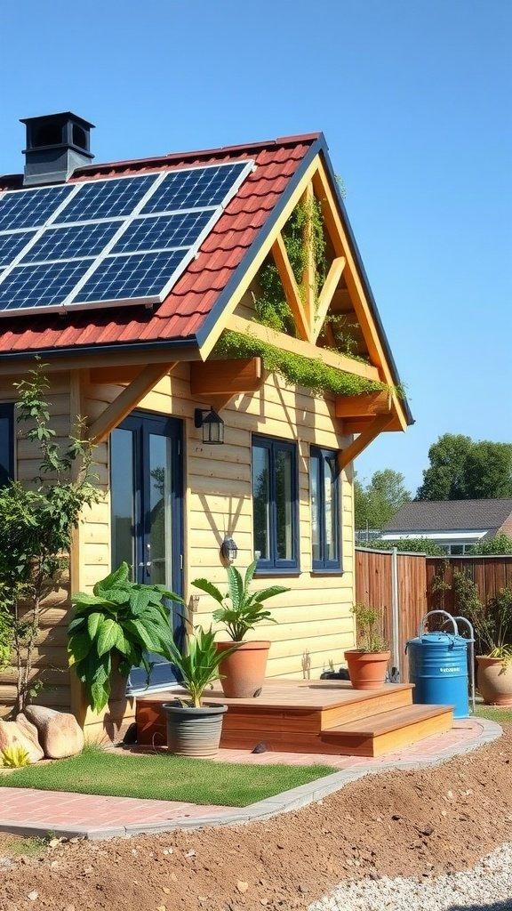 A modern eco-friendly cottage featuring solar panels on the roof, surrounded by greenery and potted plants.