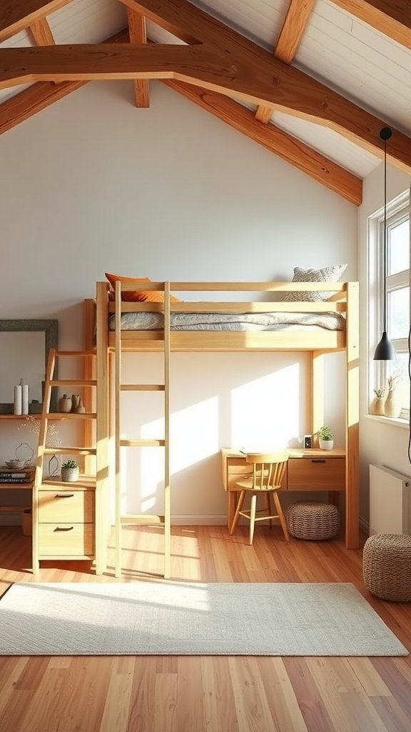 A stylish eco-friendly loft bed design made from natural wood, featuring a cozy workspace underneath and a bright, airy atmosphere.