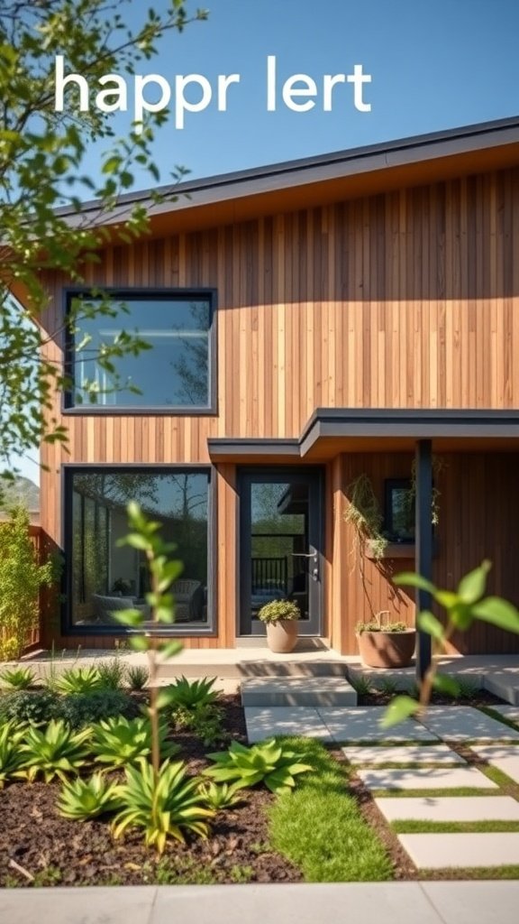A contemporary house exterior featuring natural wood siding, large windows, and green landscaping.