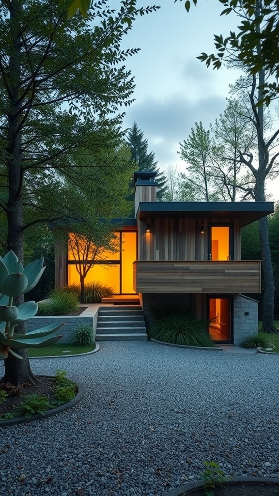 A modern eco-friendly house with wooden exterior and large windows surrounded by greenery and a gravel pathway.