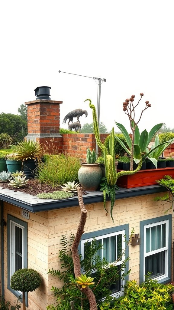 A roof garden featuring various plants and a decorative sculpture on a modern home.
