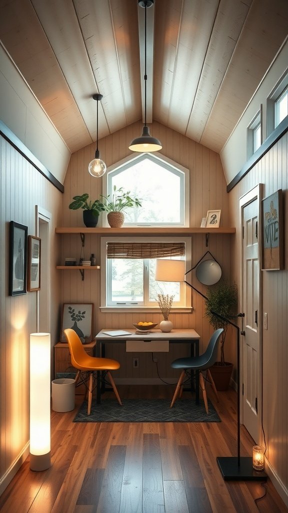 A cozy workspace in a tiny modern house with effective lighting solutions, featuring a mix of natural and artificial light.