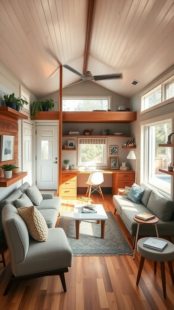 A modern tiny house living area with multi-purpose furniture and plenty of natural light