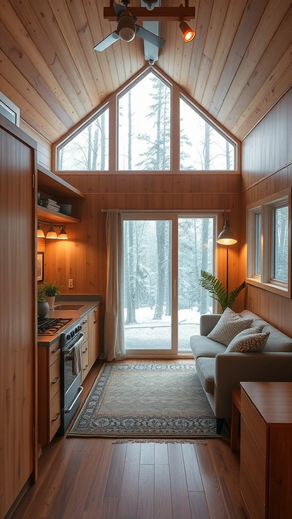 Interior of a mid-century modern cabin with a kitchen and living area.