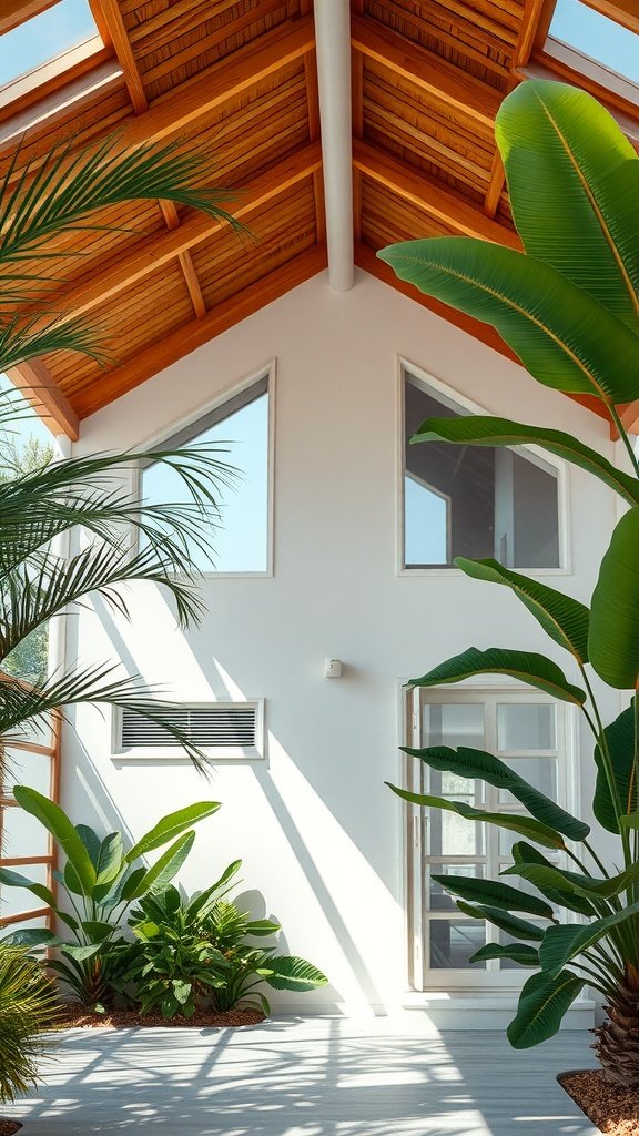 Interior view of a modern tropical house showcasing high ceilings, large windows, and indoor greenery