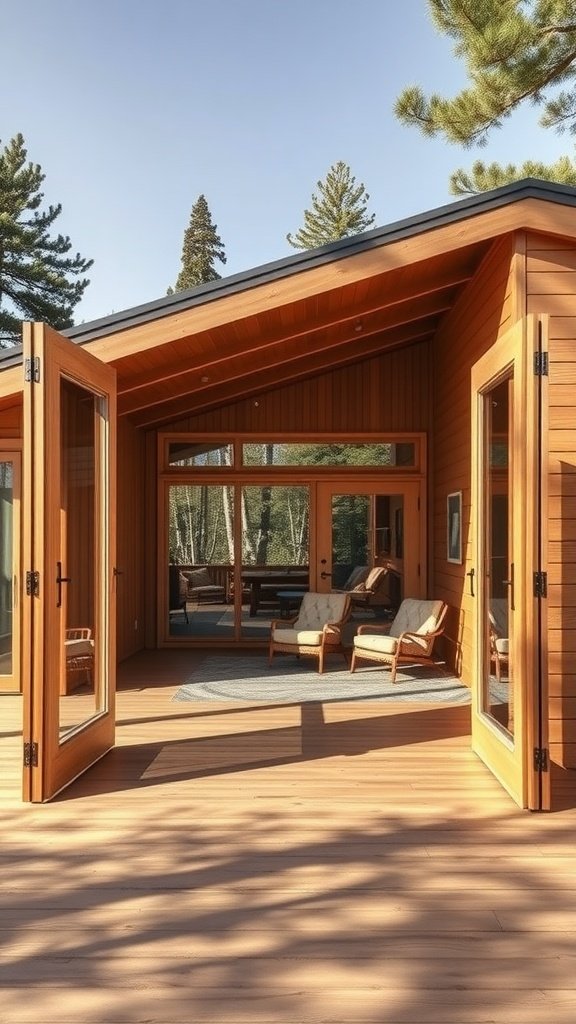 Mid-century modern cabin with open doors leading to a wooden deck and surrounding trees.