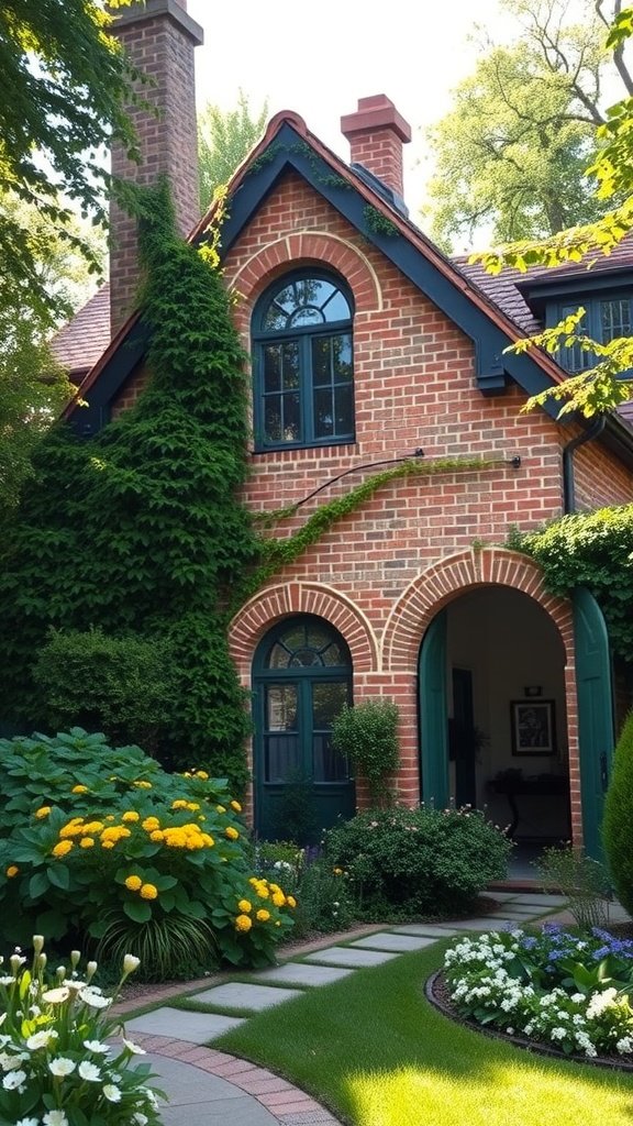 A charming brick cottage surrounded by lush green plants and vibrant yellow flowers.