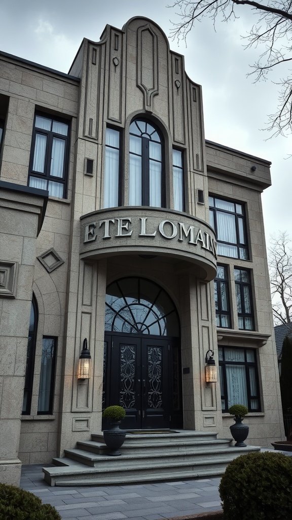 Elegant Art Deco stone residence with grand entrance and intricate facade details