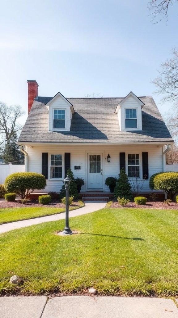 A charming white Cape Cod-style home with a pitched roof, black shutters, and a well-kept lawn.