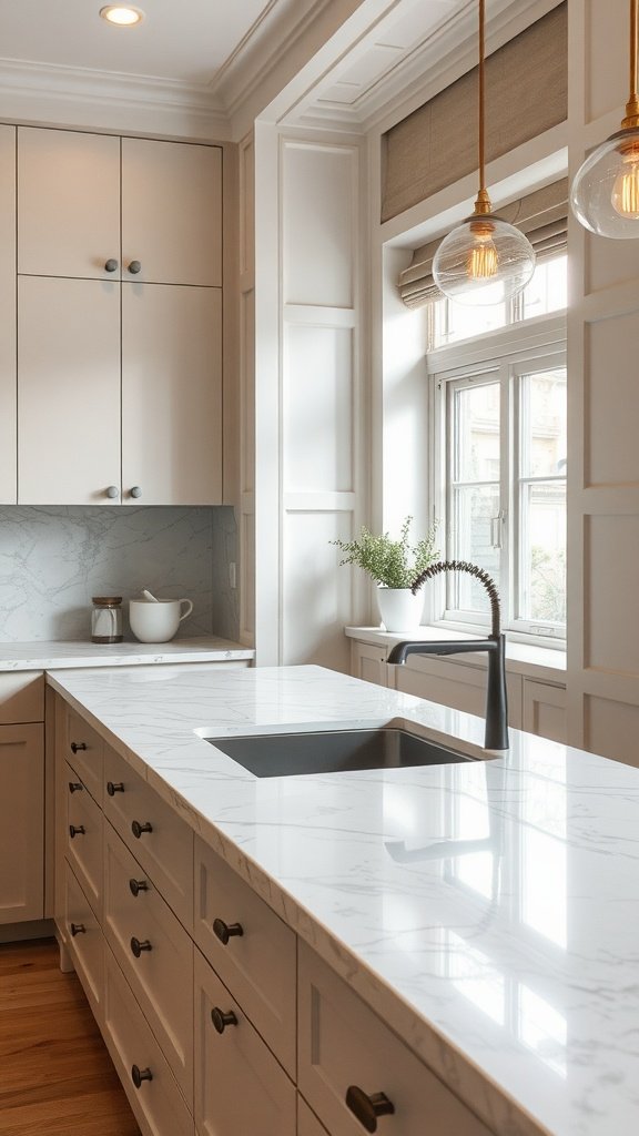 Elegant modern kitchen with marble-like countertop and stylish fixtures