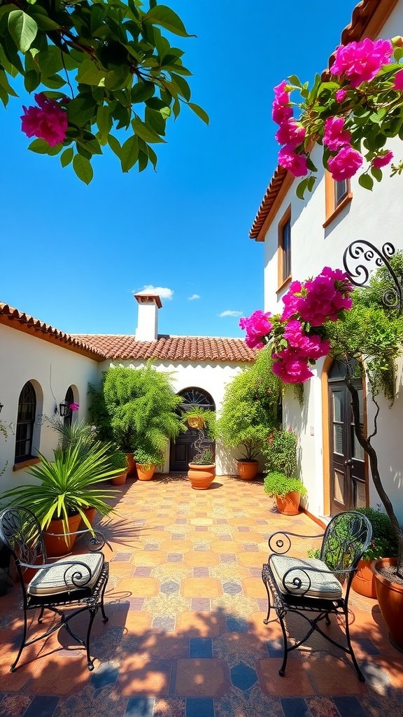 A picturesque courtyard with colorful flowers and elegant seating in a Spanish Mediterranean home
