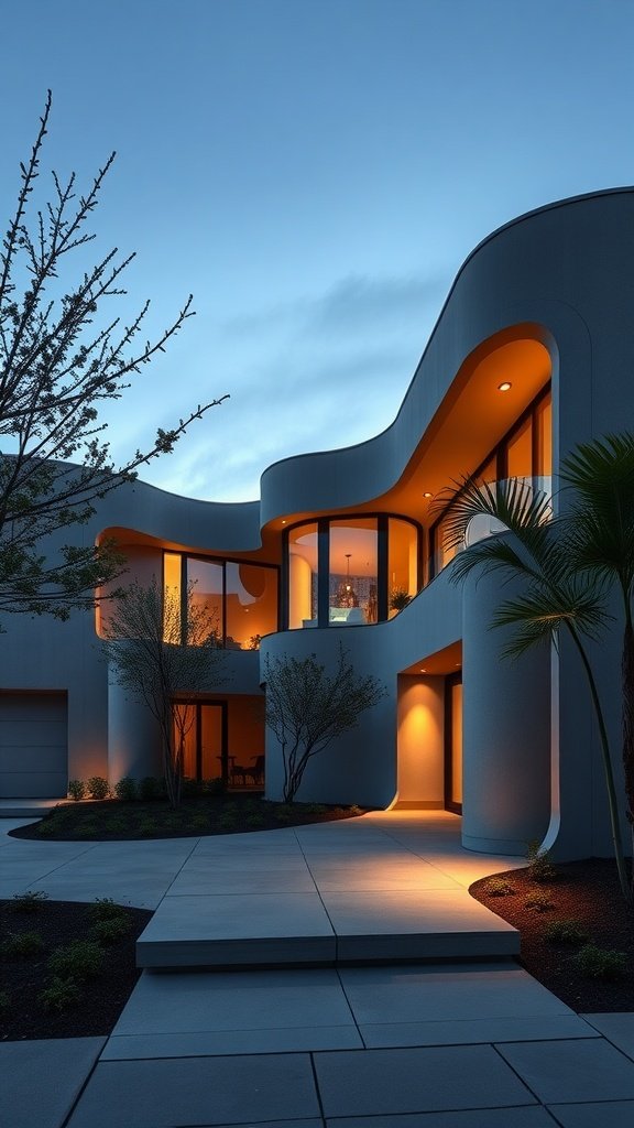 A modern house with elegant curved precast concrete facades, warmly lit at dusk.