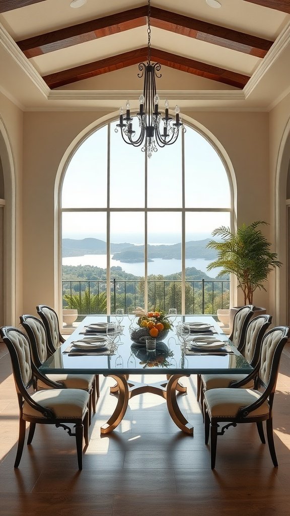 Elegant dining area featuring a large table, stylish chandelier, and scenic views through arched windows