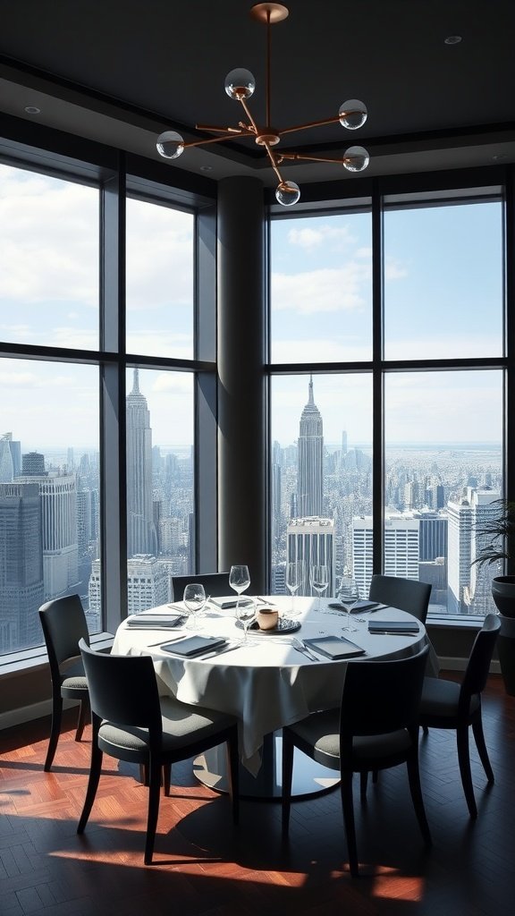 A stylish dining room with a round table set for dinner, overlooking the New York City skyline with notable buildings visible through large windows.