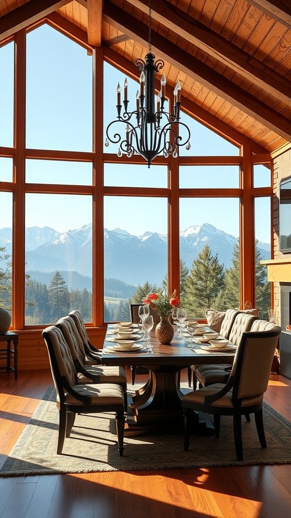 Elegant dining room with large windows showcasing mountain views, featuring a chandelier and beautifully set table.