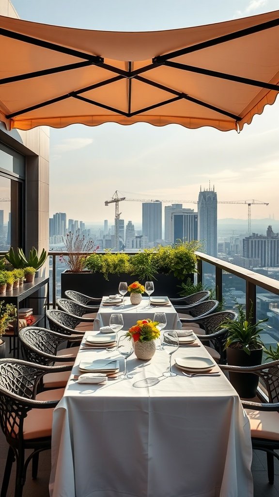 An elegant dining set on a terrace under a canopy, overlooking a city skyline.