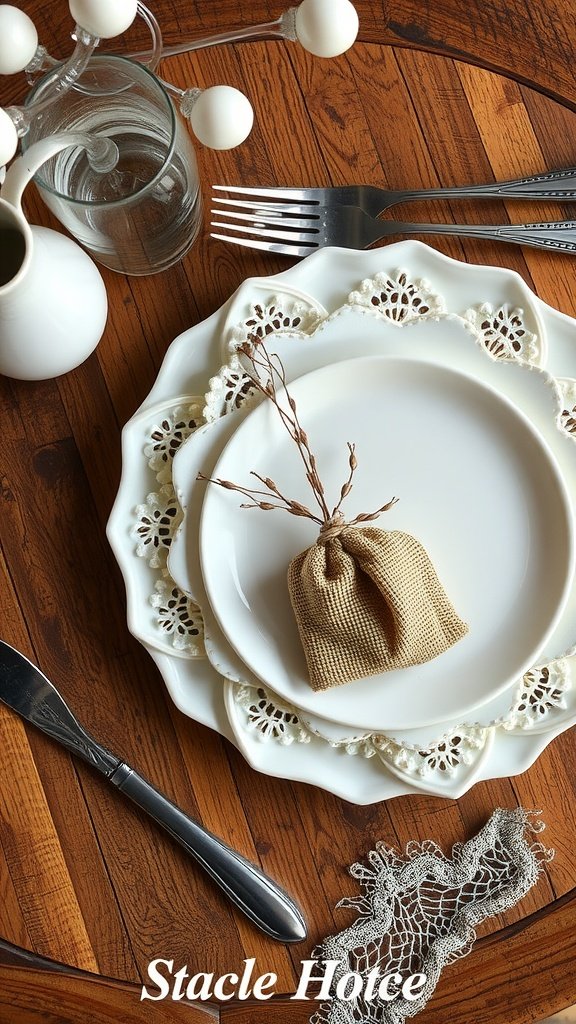 Elegant dinnerware with a rustic twist, featuring lace detailing and a burlap favor on a wooden table.
