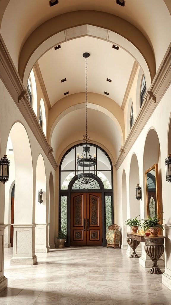 Elegant entryway with arched ceilings and double doors