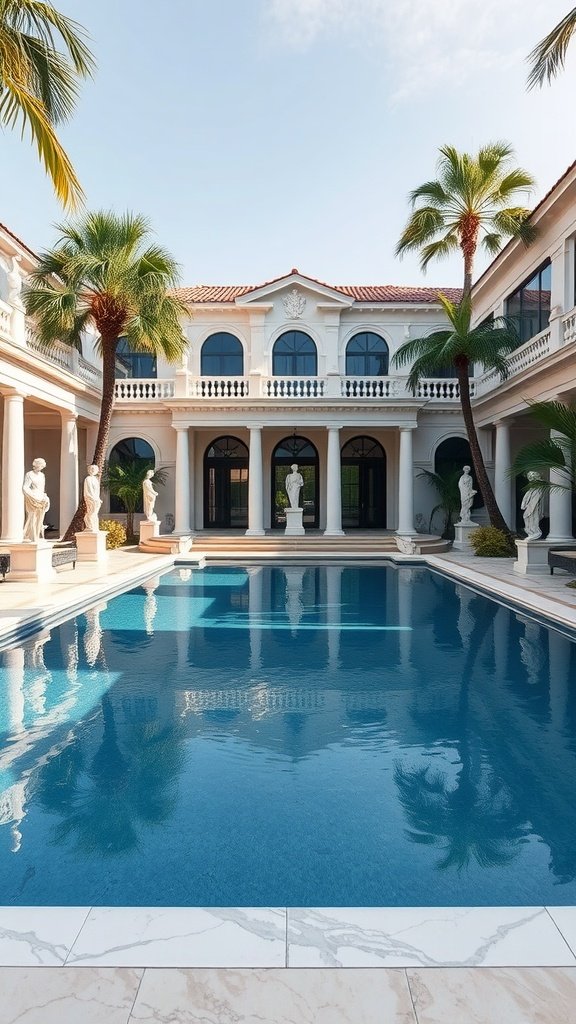 Elegant estate with a classical pool surrounded by palm trees and statues