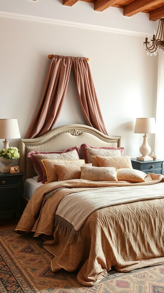 A cozy and stylish Spanish bedroom featuring elegant fabrics and layered bedding, with soft tones and a charming decor.