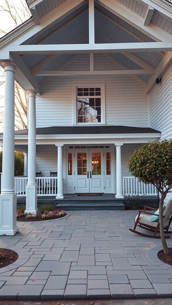 Elegant farmhouse with a wraparound porch and stone pathway