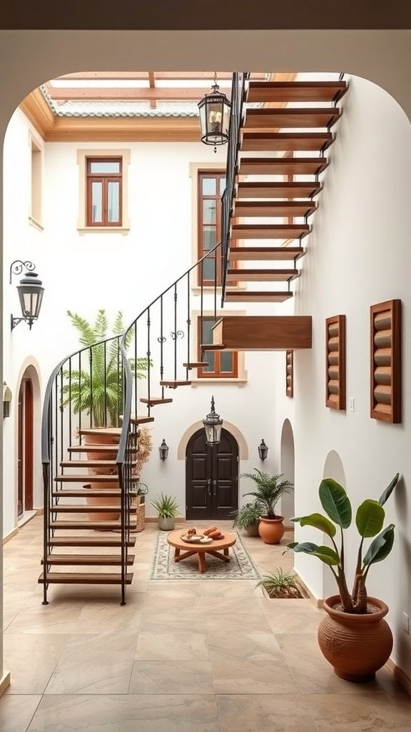 A floating staircase in a courtyard surrounded by plants and decorative elements.