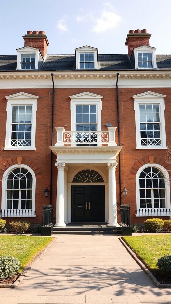 A beautiful Georgian house with a brick facade, white columns, and a welcoming entrance.