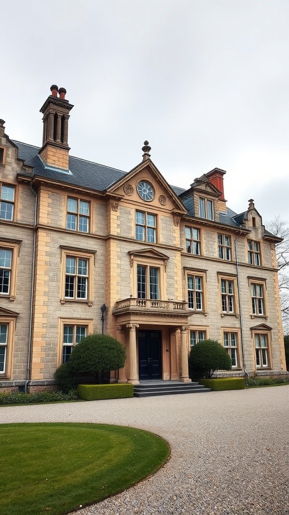 Georgian stone manor with elegant architecture and manicured gardens