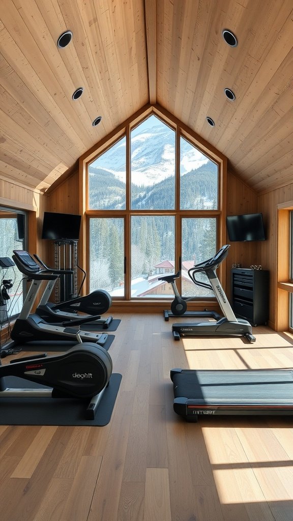 Elegant home gym with fitness equipment and mountain views