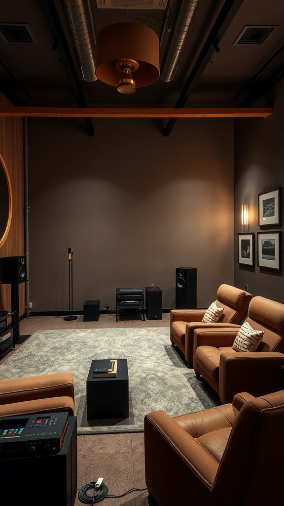 A modern home theater with leather chairs, speakers, and warm lighting