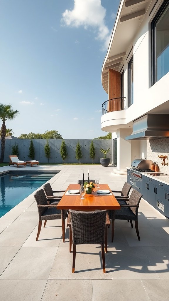 An elegant home featuring a poolside outdoor kitchen with a dining area.