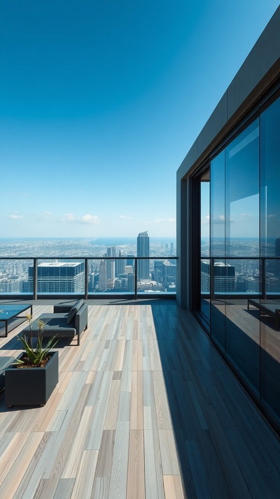 Penthouse terrace with sleek glass doors, modern furniture, and city skyline view.