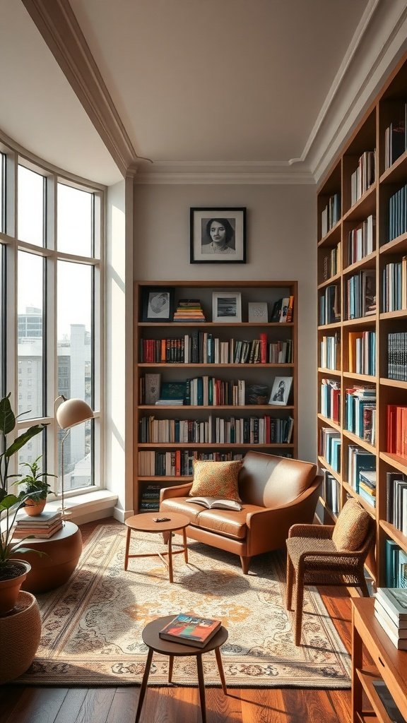 Elegant library with large windows, wooden bookshelves filled with books, and a cozy reading chair.