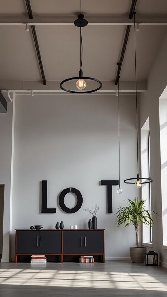 A modern Japanese loft interior with elegant lighting fixtures and a minimalist design.