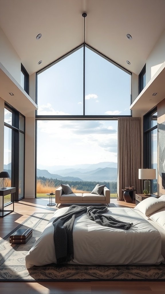 Elegant modern master suite with large windows showcasing mountain views.