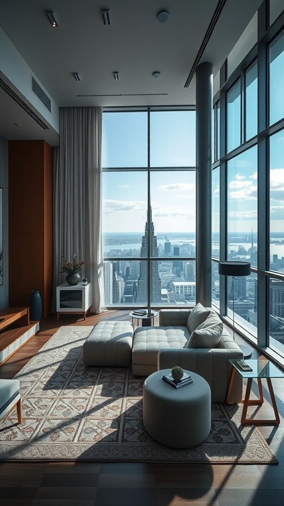 A luxurious living room in a penthouse with panoramic windows showcasing a city skyline.