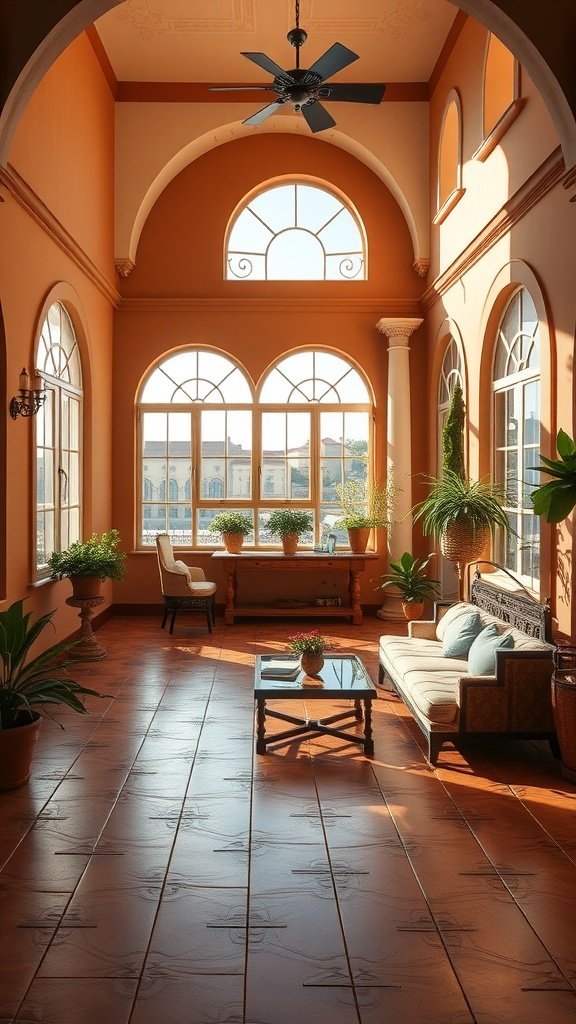 A Mediterranean-inspired penthouse interior with arched windows, terracotta tiles, and elegant furnishings.