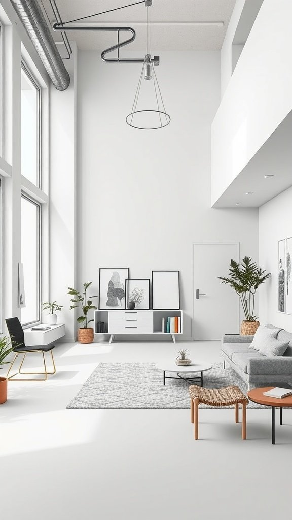 Spacious minimalist living room with large windows, gray sofa, and decorative plants.