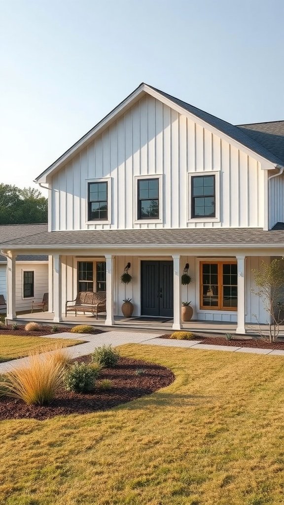 Elegant modern farmhouse with white siding, gray door, and inviting porch