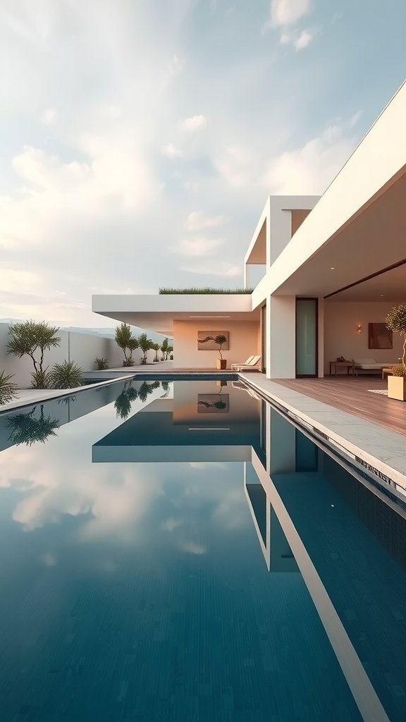 A modern villa with a pool, showcasing sleek architecture and a serene atmosphere.