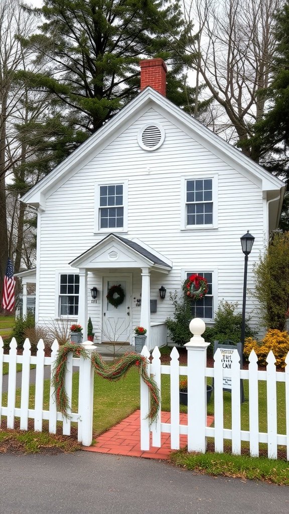 A white exterior New England style home with a picket fence and seasonal decorations.