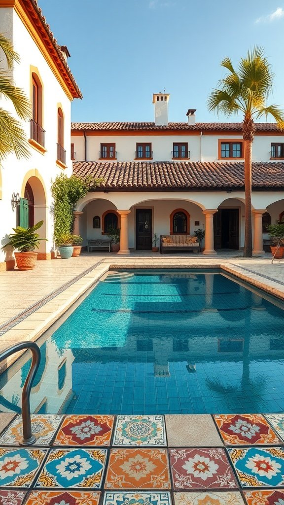 A serene poolside view featuring traditional Spanish tiles and a charming house facade.