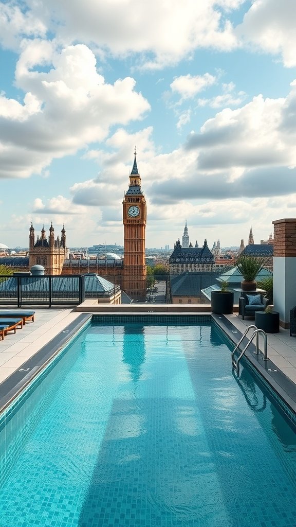 A luxurious penthouse pool with a view of Big Ben and London skyline