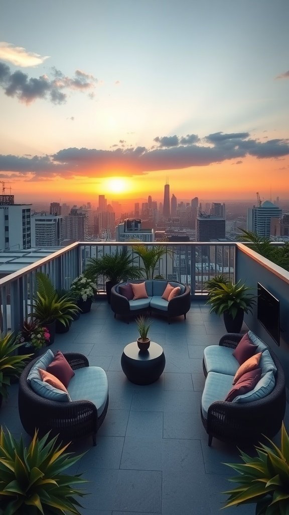 A cozy rooftop garden with comfortable seating and a beautiful sunset view over the city skyline.