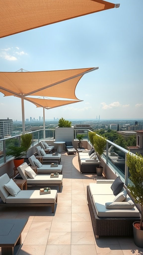 A luxurious penthouse terrace featuring elegant shade structures and comfortable seating.