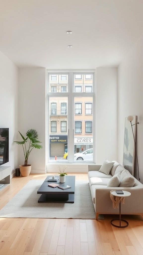 A modern loft in the West Village featuring a spacious living area with large windows, minimalist furnishings, and natural light.