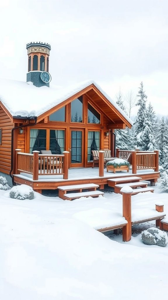 A beautiful wooden cabin with a deck covered in snow.