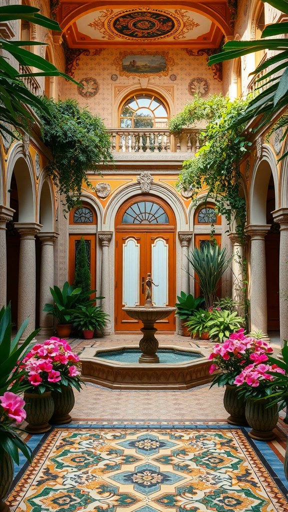 Elegant Spanish courtyard featuring ornate tile work, a fountain, and vibrant plants.